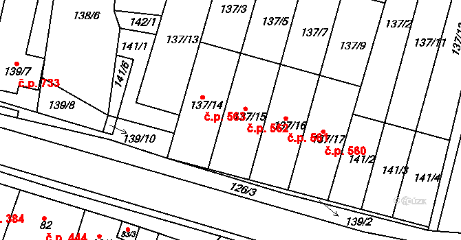 Blučina 562 na parcele st. 137/15 v KÚ Blučina, Katastrální mapa