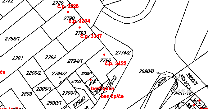 Chomutov 3422 na parcele st. 2796 v KÚ Chomutov II, Katastrální mapa