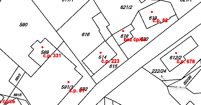 Štípa 223, Zlín na parcele st. 614 v KÚ Štípa, Katastrální mapa
