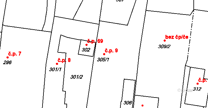 Dolní Životice 9 na parcele st. 305/1 v KÚ Dolní Životice, Katastrální mapa