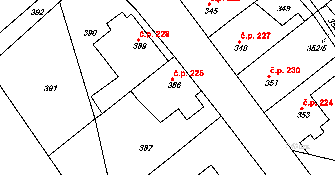 Vícemilice 225, Bučovice na parcele st. 386 v KÚ Vícemilice, Katastrální mapa
