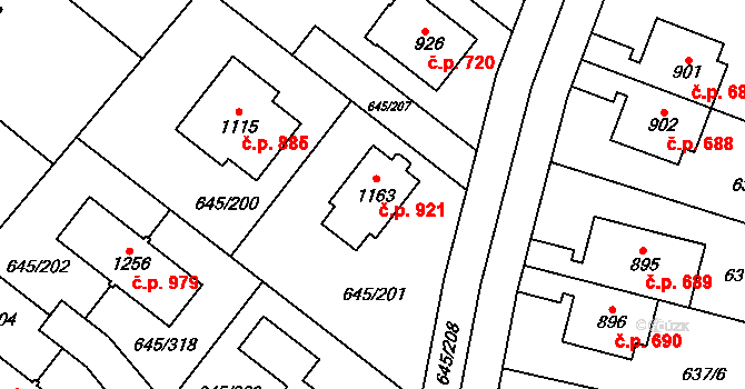 Líbeznice 921 na parcele st. 1163 v KÚ Líbeznice, Katastrální mapa