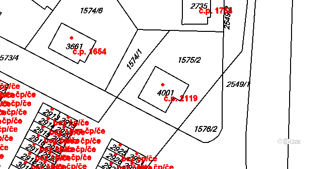 Budějovické Předměstí 2119, Písek na parcele st. 4001 v KÚ Písek, Katastrální mapa