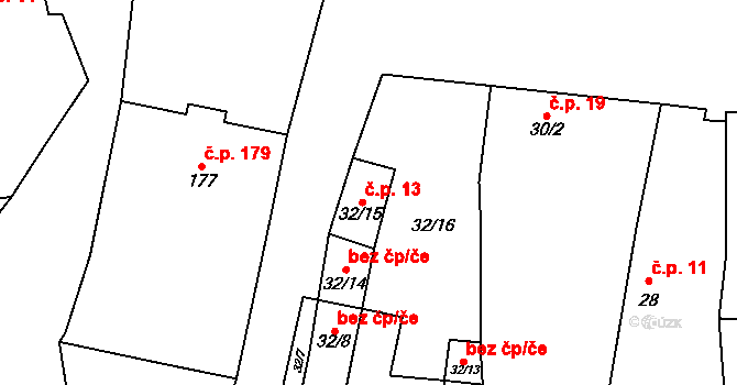 Ledčice 13 na parcele st. 32/15 v KÚ Ledčice, Katastrální mapa