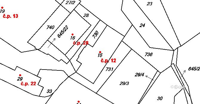 Dolní Jirčany 12, Psáry na parcele st. 15 v KÚ Dolní Jirčany, Katastrální mapa
