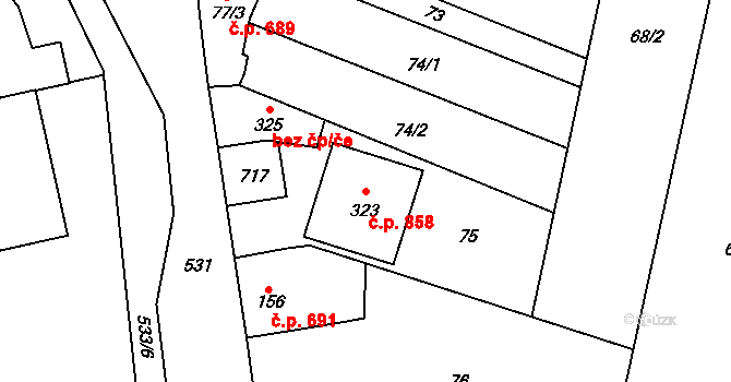 Loučany 858 na parcele st. 323 v KÚ Loučany na Hané, Katastrální mapa