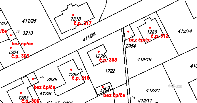 Horní Brána 308, Český Krumlov na parcele st. 1278 v KÚ Český Krumlov, Katastrální mapa