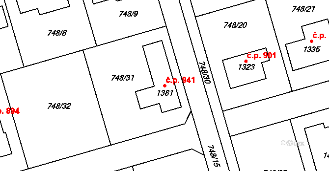 Vrahovice 941, Prostějov na parcele st. 1381 v KÚ Vrahovice, Katastrální mapa