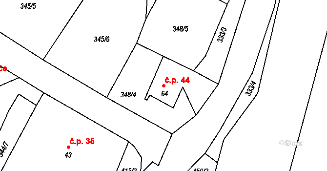 Merklín 44 na parcele st. 64 v KÚ Merklín u Karlových Var, Katastrální mapa