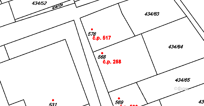 Dambořice 258 na parcele st. 568 v KÚ Dambořice, Katastrální mapa