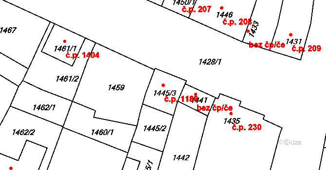 Ratíškovice 1188 na parcele st. 1445/3 v KÚ Ratíškovice, Katastrální mapa