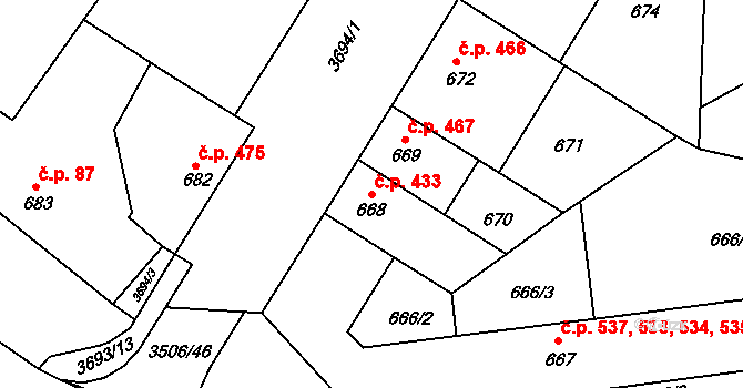 Vyškov-Předměstí 433, Vyškov na parcele st. 668 v KÚ Vyškov, Katastrální mapa