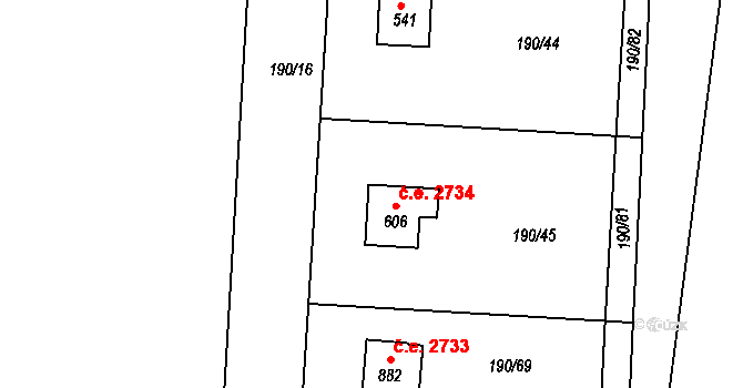 Těptín 2734, Kamenice na parcele st. 606 v KÚ Těptín, Katastrální mapa