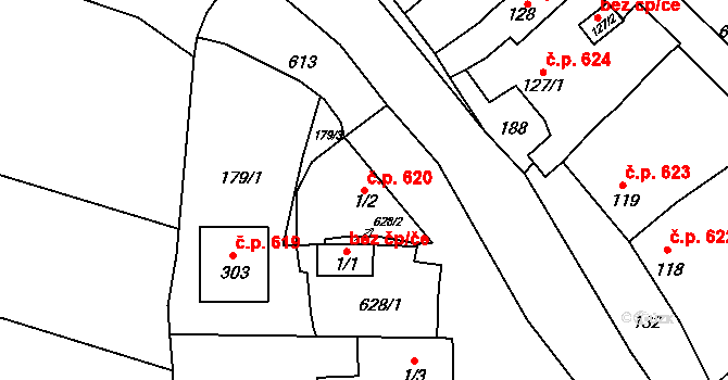 Loučany 620 na parcele st. 1/2 v KÚ Loučany na Hané, Katastrální mapa