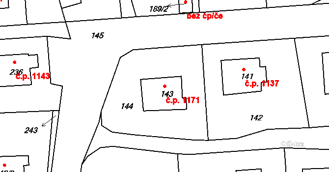 Hořovice 1171 na parcele st. 143 v KÚ Velká Víska, Katastrální mapa