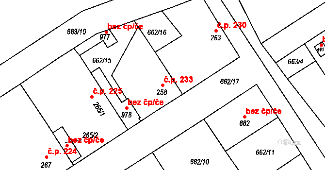 Brozany nad Ohří 233 na parcele st. 258 v KÚ Brozany nad Ohří, Katastrální mapa