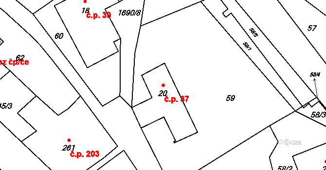 Třebovice 37 na parcele st. 20 v KÚ Třebovice, Katastrální mapa