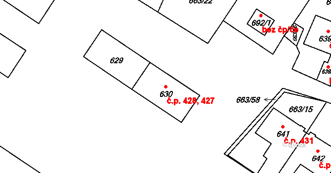 Milovice 427,428 na parcele st. 630 v KÚ Milovice nad Labem, Katastrální mapa