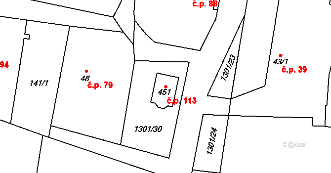 Vysoká nad Labem 113 na parcele st. 451 v KÚ Vysoká nad Labem, Katastrální mapa