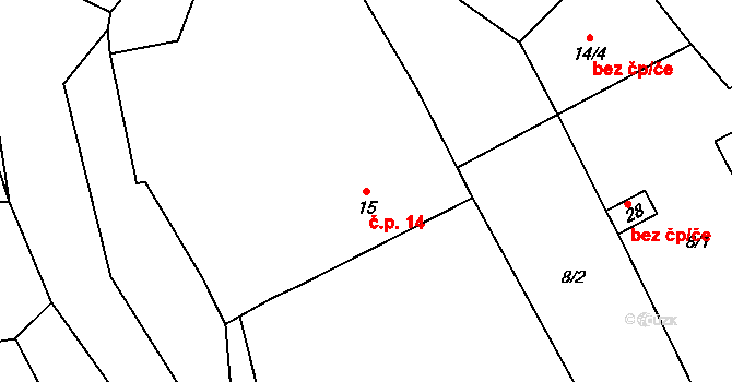 Dolní Lhota 14, Janovice nad Úhlavou na parcele st. 15 v KÚ Dolní Lhota u Klatov, Katastrální mapa