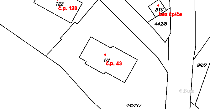 Český Rudolec 43 na parcele st. 1/1 v KÚ Český Rudolec, Katastrální mapa