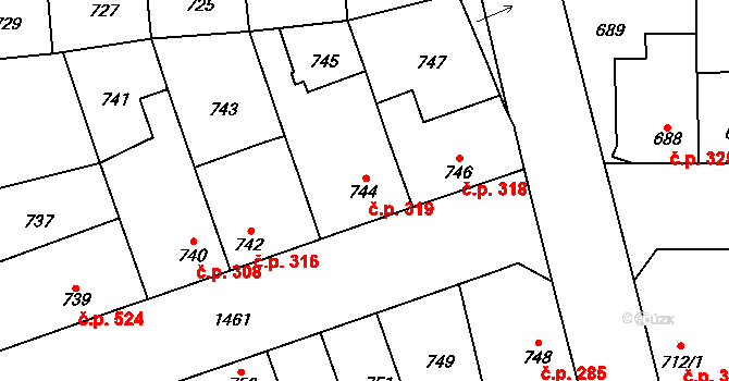 Dolní Chabry 319, Praha na parcele st. 744 v KÚ Dolní Chabry, Katastrální mapa