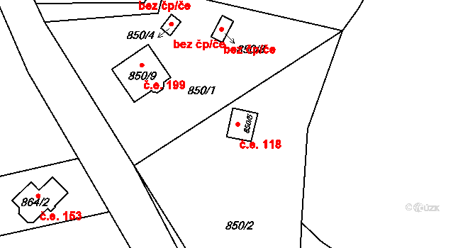Křimice 118, Plzeň na parcele st. 850/5 v KÚ Křimice, Katastrální mapa