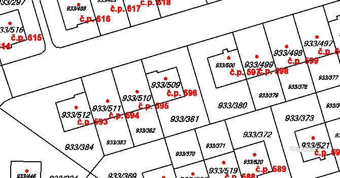 Satalice 596, Praha na parcele st. 933/509 v KÚ Satalice, Katastrální mapa
