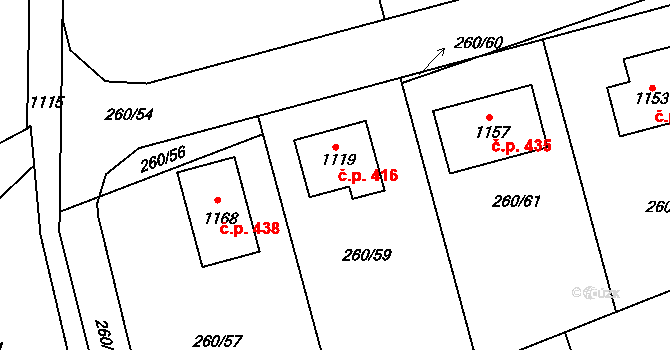 Brandýsek 416 na parcele st. 1119 v KÚ Brandýsek, Katastrální mapa