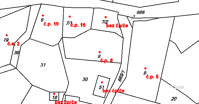 Sušetice 8, Sedlec-Prčice na parcele st. 8 v KÚ Sušetice, Katastrální mapa