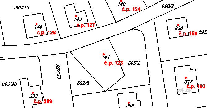 Škrdlovice 123 na parcele st. 141 v KÚ Škrdlovice, Katastrální mapa