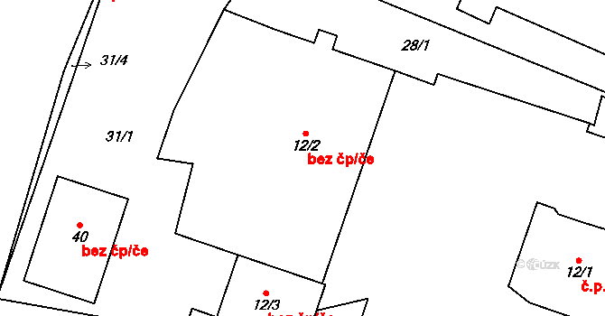 Cheb 42130395 na parcele st. 12/2 v KÚ Horní Dvory, Katastrální mapa