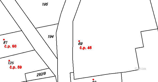 Platěnice 46, Moravany na parcele st. 69 v KÚ Platěnice, Katastrální mapa
