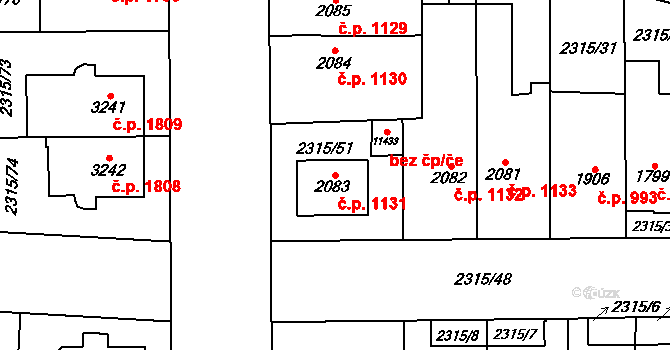 Zelené Předměstí 1131, Pardubice na parcele st. 2083 v KÚ Pardubice, Katastrální mapa
