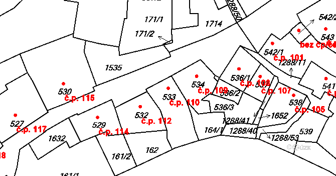 Plešivec 110, Český Krumlov na parcele st. 533 v KÚ Český Krumlov, Katastrální mapa