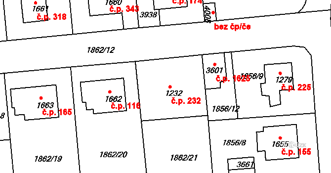 Humpolec 232 na parcele st. 1232 v KÚ Humpolec, Katastrální mapa