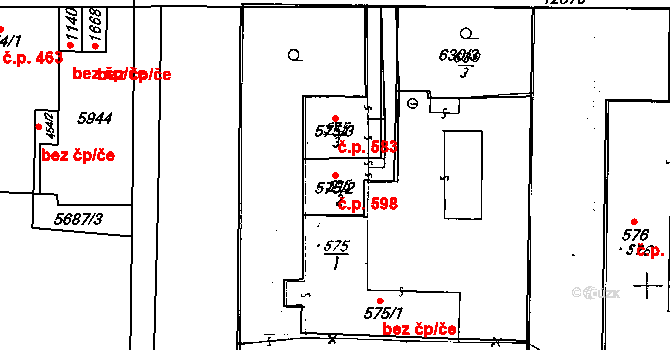 Hrušovany nad Jevišovkou 598 na parcele st. 575/2 v KÚ Hrušovany nad Jevišovkou, Katastrální mapa