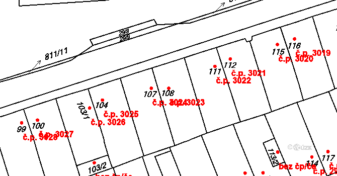 Znojmo 3023 na parcele st. 108 v KÚ Znojmo-Louka, Katastrální mapa