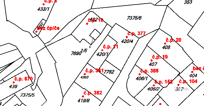 Telč-Podolí 11, Telč na parcele st. 420/1 v KÚ Telč, Katastrální mapa