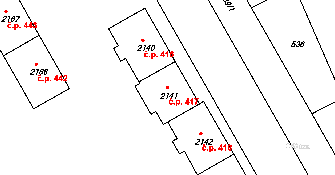 Lyžbice 417, Třinec na parcele st. 2141 v KÚ Lyžbice, Katastrální mapa