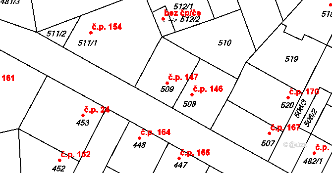 Kačice 147 na parcele st. 509 v KÚ Kačice, Katastrální mapa