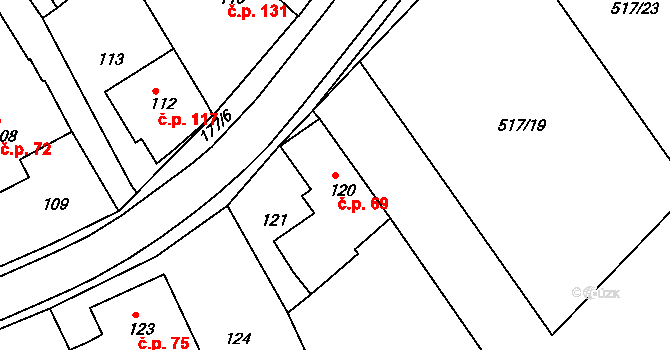 Těchov 69, Blansko na parcele st. 120 v KÚ Těchov, Katastrální mapa