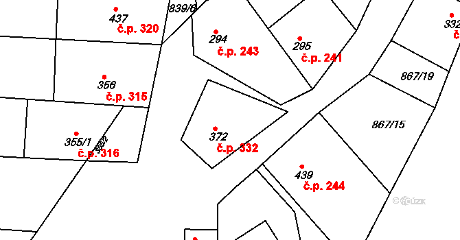 Hudlice 332 na parcele st. 372 v KÚ Hudlice, Katastrální mapa