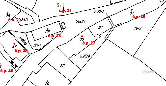 Hvozdec 27 na parcele st. 30 v KÚ Hvozdec, Katastrální mapa