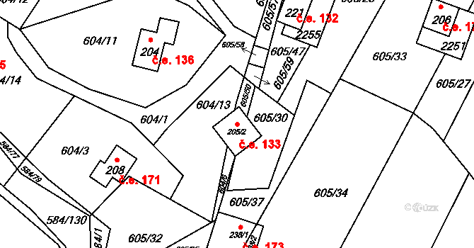 Komařice 133 na parcele st. 205/2 v KÚ Komařice, Katastrální mapa