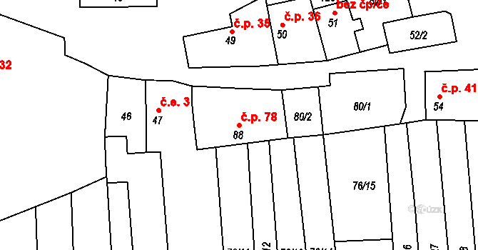 Podbradec 78, Mšené-lázně na parcele st. 88 v KÚ Podbradec, Katastrální mapa