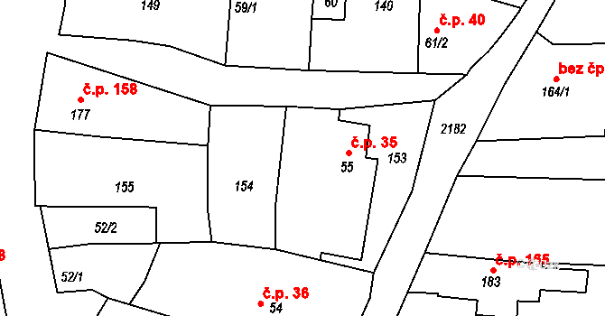 Borotín 35 na parcele st. 55 v KÚ Borotín u Tábora, Katastrální mapa