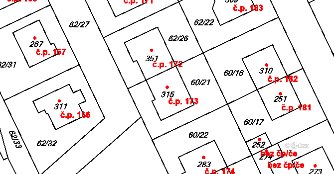 Kluk 173, Poděbrady na parcele st. 315 v KÚ Kluk, Katastrální mapa