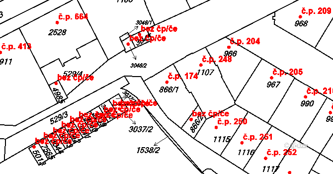 Stařečka 174, Třebíč na parcele st. 866/1 v KÚ Třebíč, Katastrální mapa