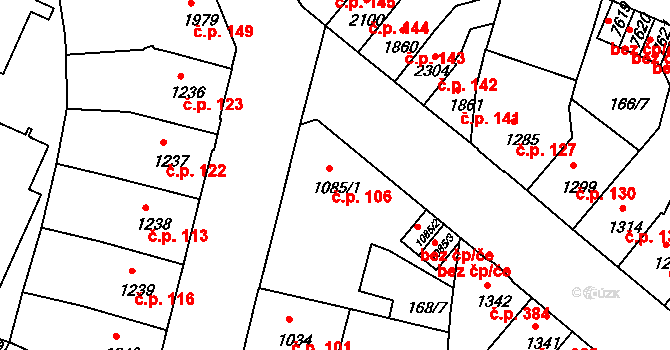 Jejkov 106, Třebíč na parcele st. 1085/1 v KÚ Třebíč, Katastrální mapa
